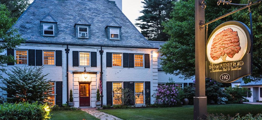 Our Vermont Bed and Breakfast, lit up at night, provides a welcoming embrace as you return from adventures at Fort Dummer State Park