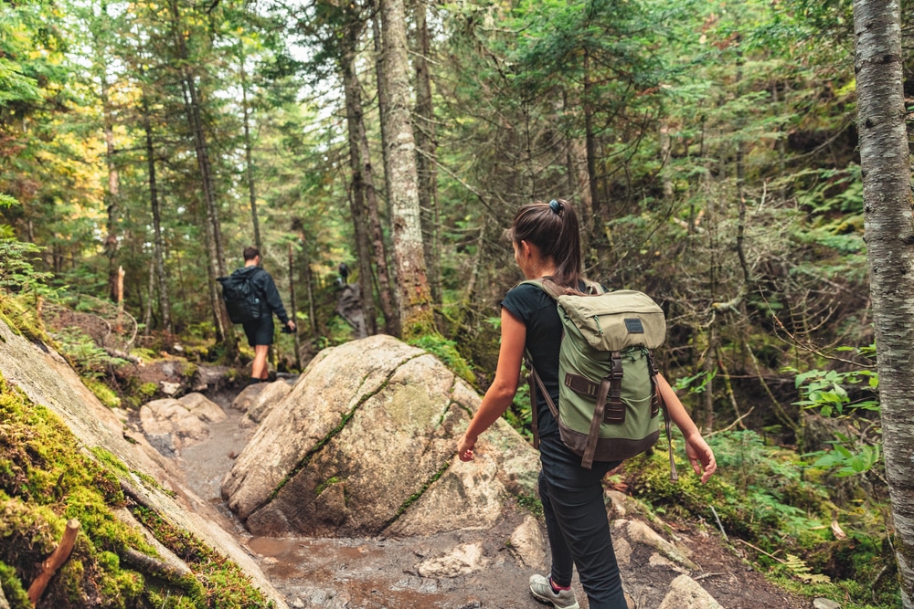 Couple hiking on trails like those at Pisgah State Park near our Brattleboro Bed and Breakfast