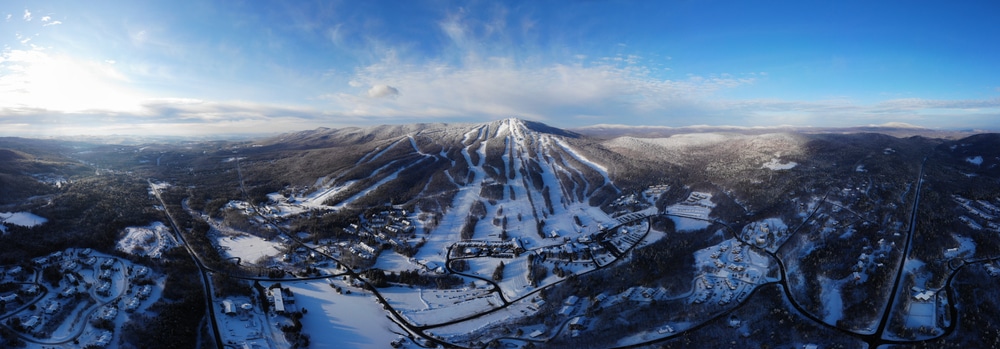 Drone aerial picture of the ski runs at Mount Snow, Vermont
