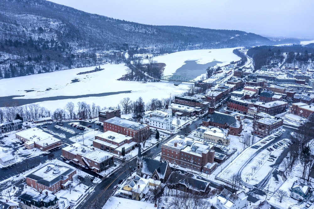 Aerial view of Brattleboro - where you can enjoy all the best things to do in Brattleboro, Vermont while staying at our top-rated Brattleboro, VT Bed and Breakfast