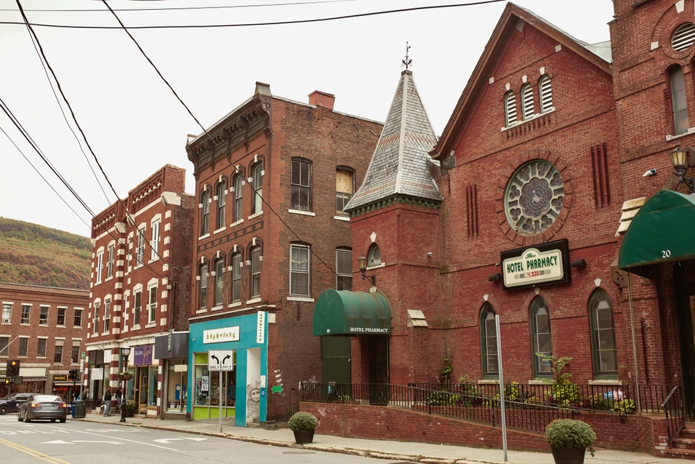 The streets of downtown Brattleboro, where you'll find some great antique stores in Vermont