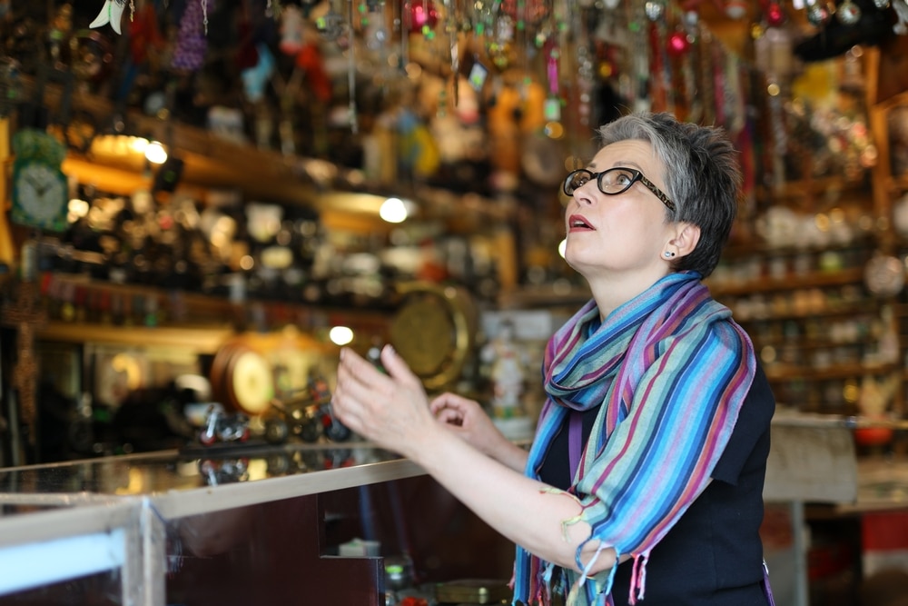 Woman browsing antique shops in Vermont