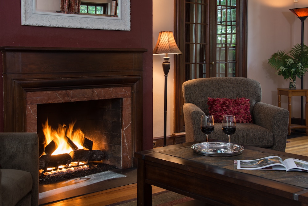 The fireplace in the common room at the Inn on Putney Road, a great spot for snuggling with your loved one.