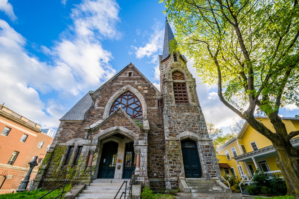 Tour historic buildings in Brattleboro like this beautiful Church during your Vermont getaways