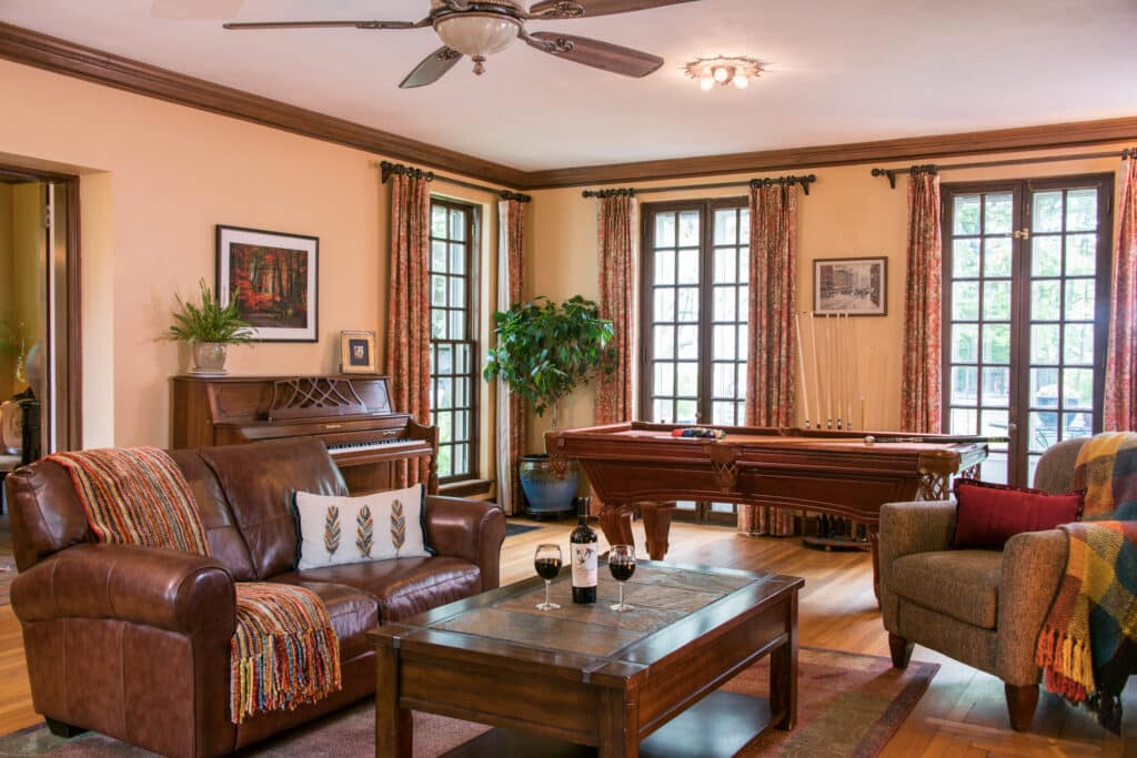 The beautiful living room is the perfect place to relax with a glass of wine after hiking in Molly Stark State Park.