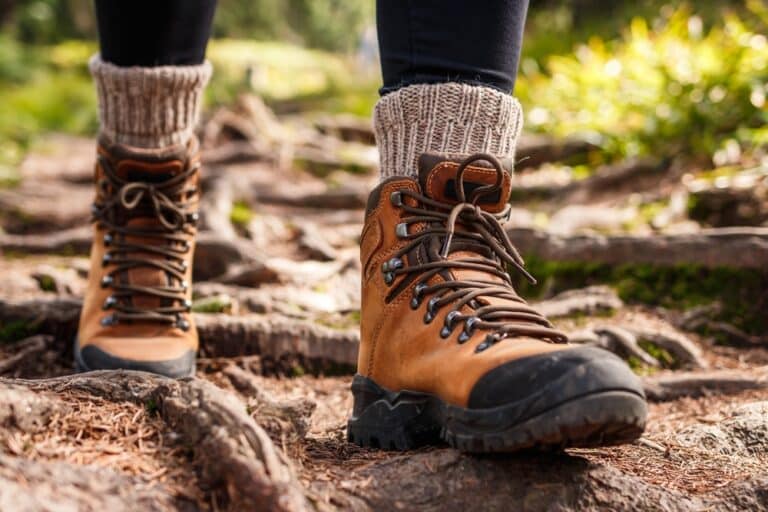 Hiking boots and wool socks on the Mt. Olga Trail in Molly Stark State Park.