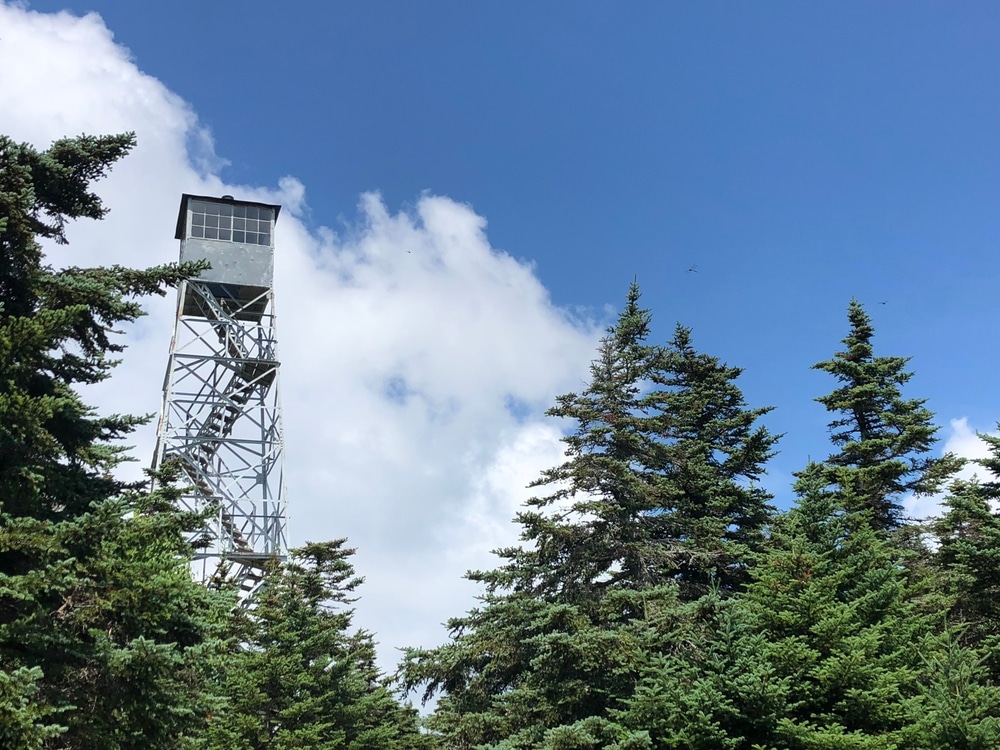 The firetower, trees, blue skies, and clouds on the Mt. Olga Trail in Molly Stark State Park.