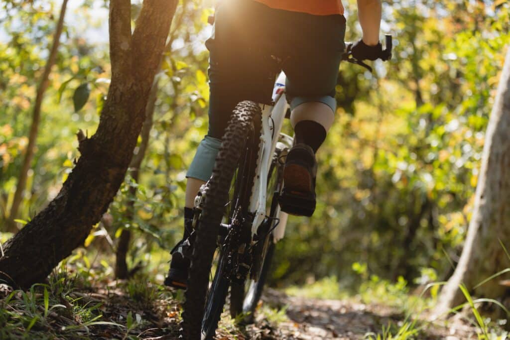 Mountain Biker on trails at Mount Snow Bike Park in Spring.